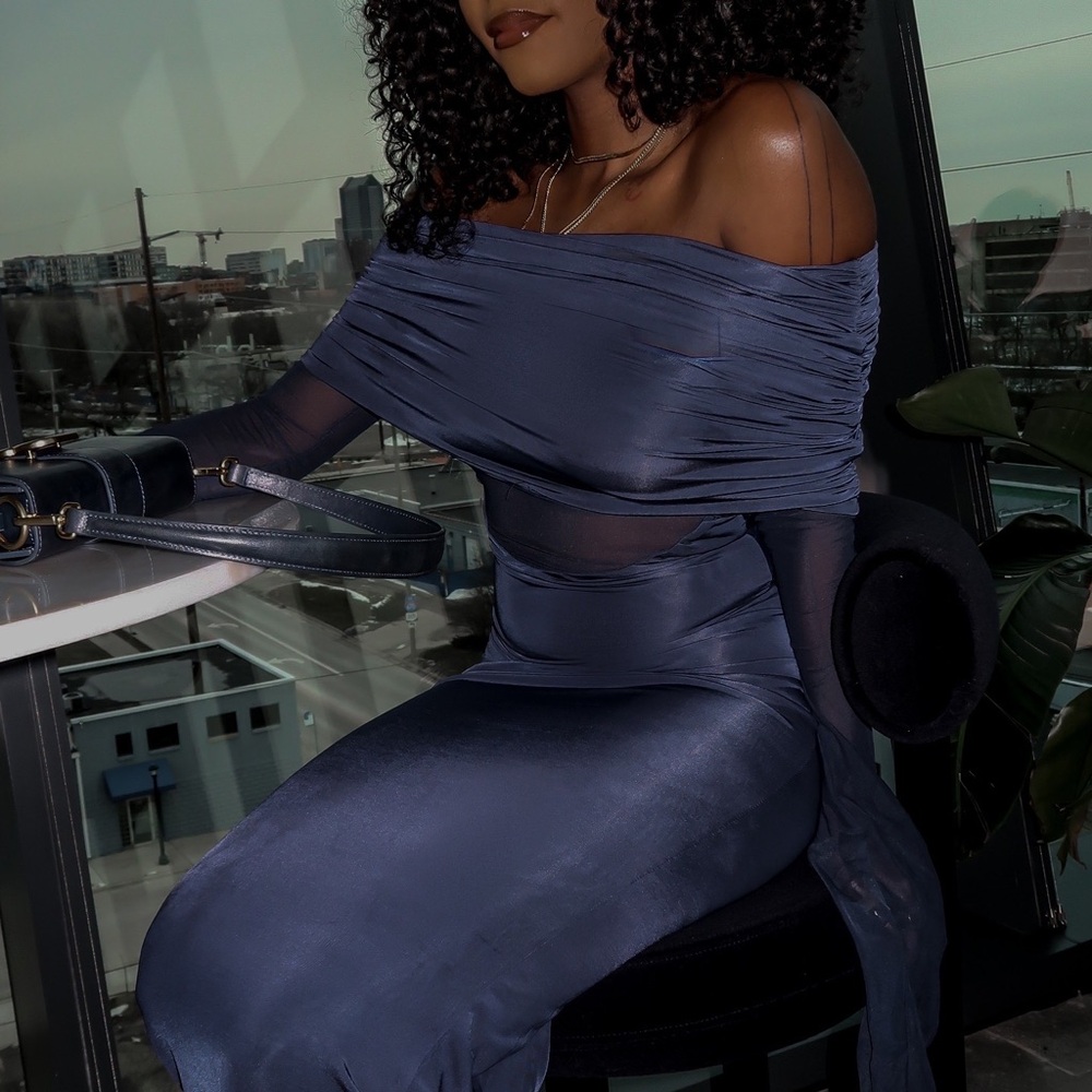 Kaitlin One Shoulder Slinky And Mesh Maxi Dress - Midnight Blue